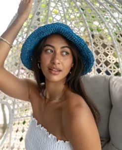 Raffia Bucket Hat with Brim | Blue